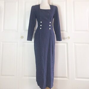 Vintage 1980s Navy Polka Dot Shoulder Pads Dress